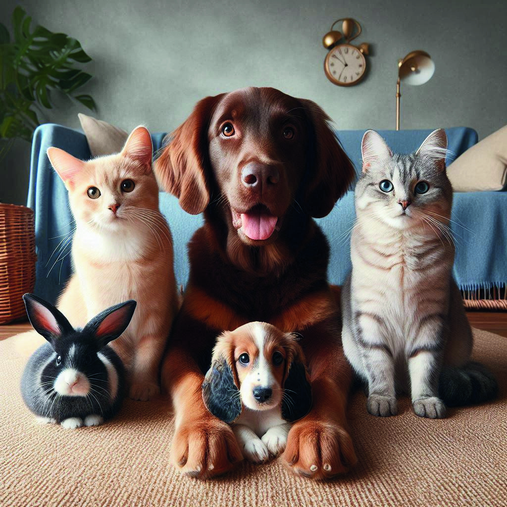 Cães, gatos e coelho reunidos, imagem do catálogo NathPet